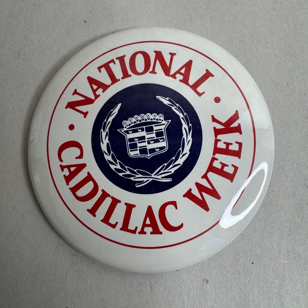Vintage National Cadillac Week Pinback Button White Red Blue‎ Logo 2.25 Inch